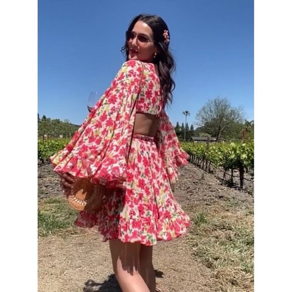 Mac Duggal Size 0 Pink Floral 9158 Bell Sleeve Mini Cocktail Party Dress New - Picture 6 of 14